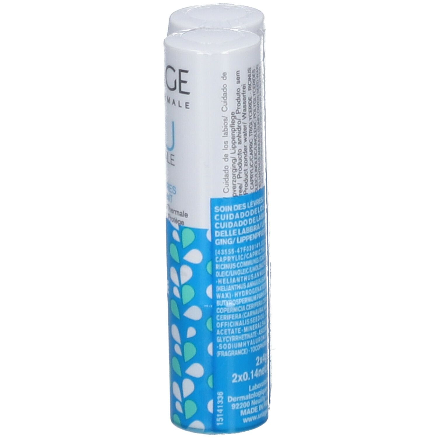 Stick lèvres dans un emballage blanc et bleu. Nom du produit et informations sur l'emballage.