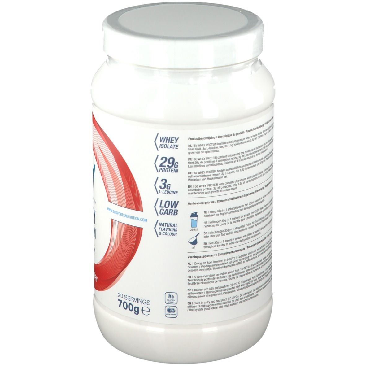 Dos du pot de protéine en poudre blanc. Contient des informations nutritionnelles et des ingrédients. Marque: 6D Sports Nutrition.