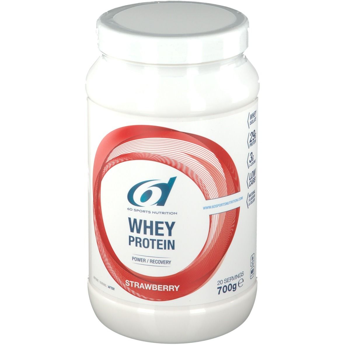 Pot de protéine en poudre blanc avec design rouge. Inscription: Whey Protein, Fraise, 700g. Marque: 6D Sports Nutrition.