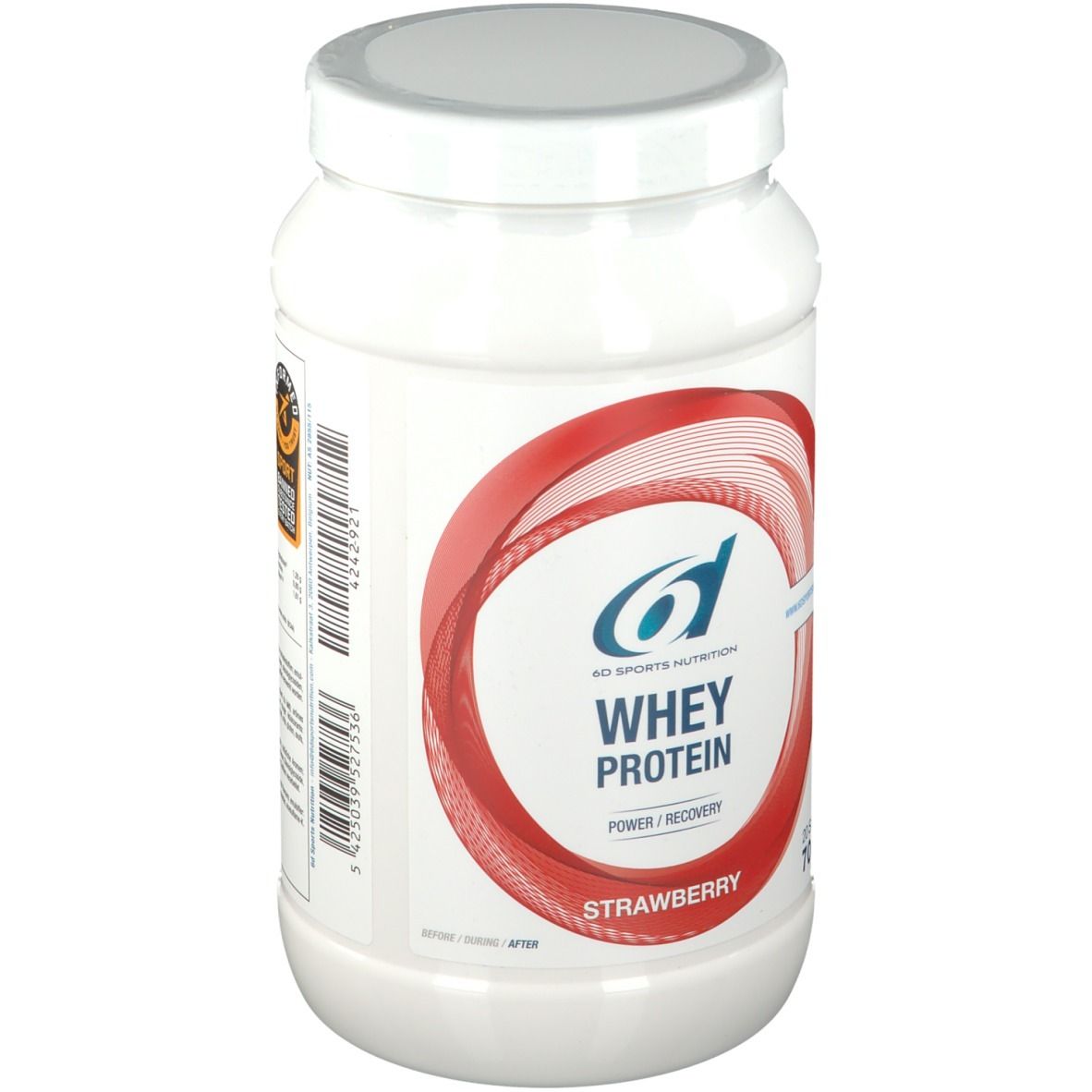 Pot de protéine en poudre blanc avec design rouge. Inscription: Whey Protein, Fraise, 700g. Marque: 6D Sports Nutrition.