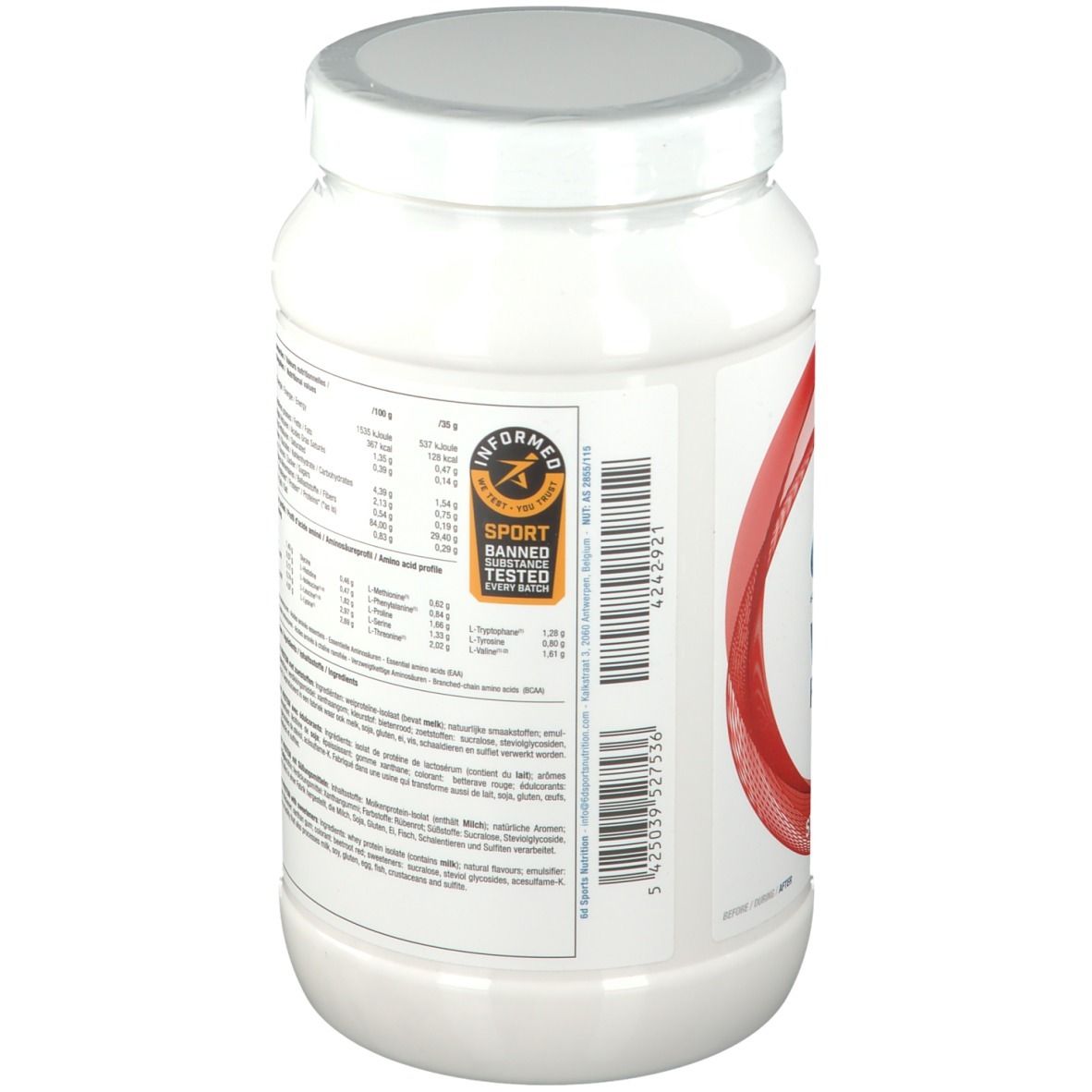 Dos du pot de protéine en poudre blanc. Contient des informations nutritionnelles et des ingrédients. Marque: 6D Sports Nutrition.