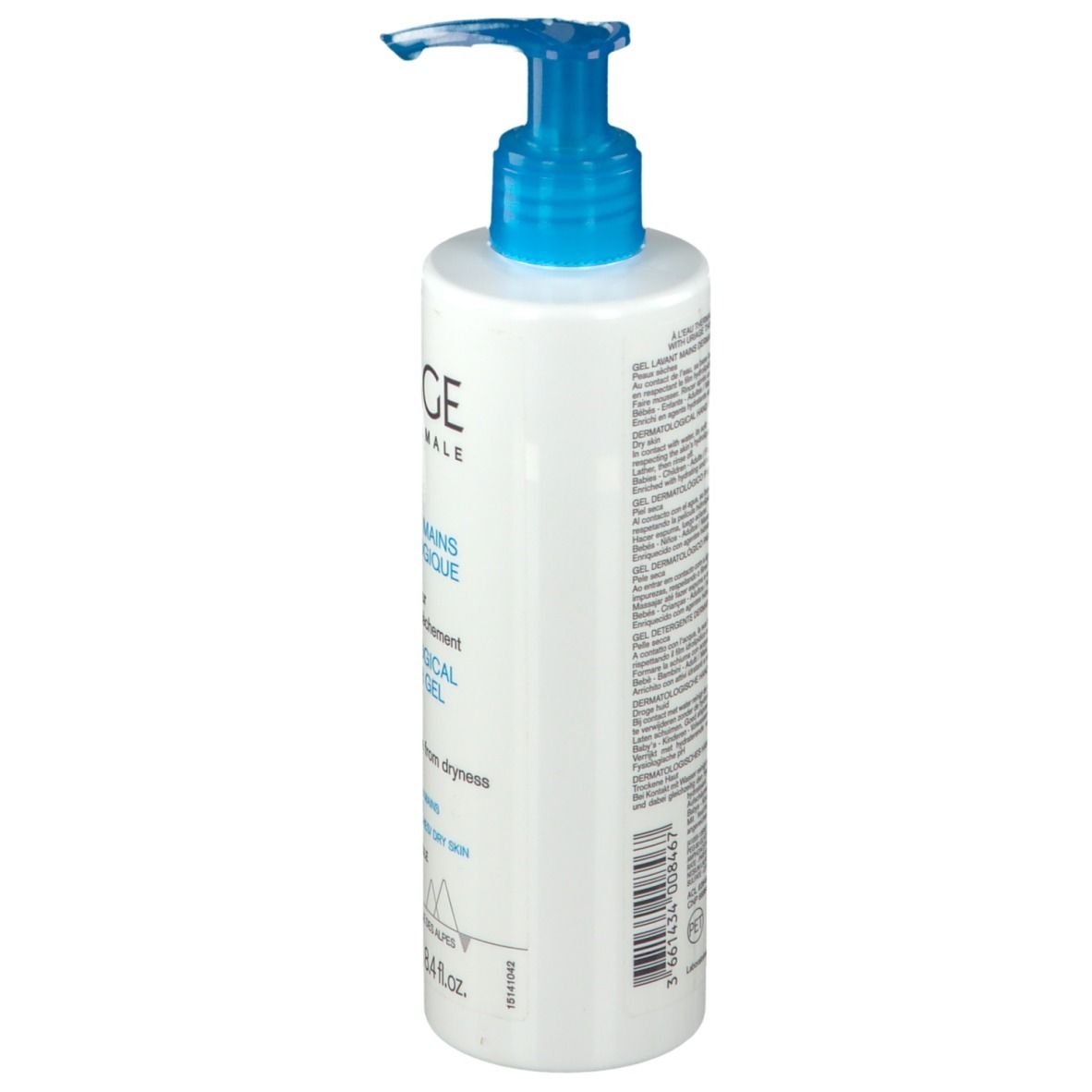 Witte dispenser met blauwe pomp. Opschrift: URIAGE, Gel Lavant Mains Dermatologique. Tekst op achterkant.
