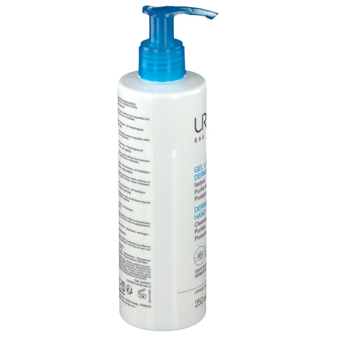 Witte dispenser met blauwe pomp. Opschrift: URIAGE, Gel Lavant Mains Dermatologique. Tekst op achterkant.