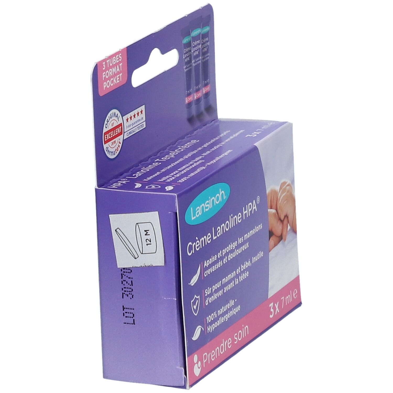 Boîte ouverte avec trois tubes de crème. Inscription: Crème Lanolin HPA®. Avec certifications et numéro de lot.