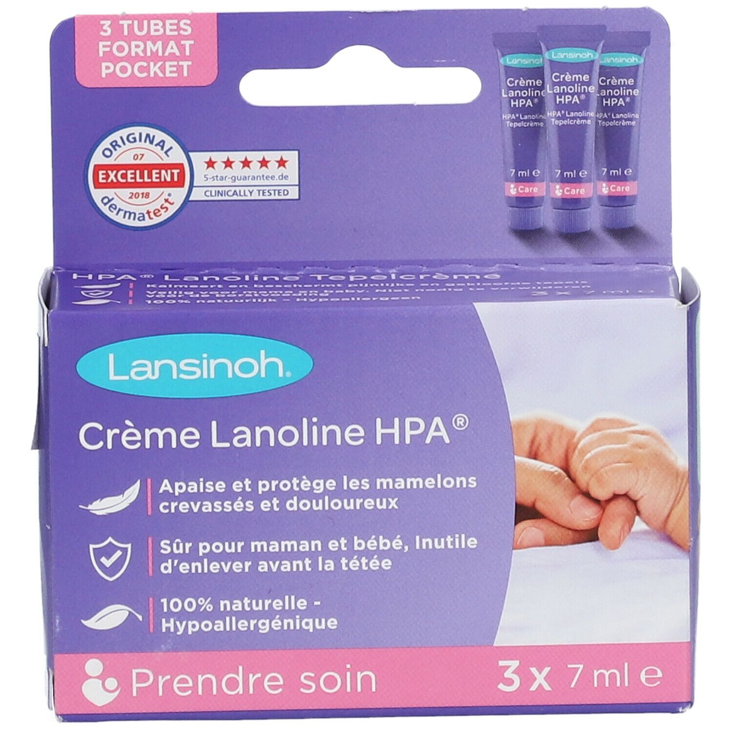Boîte avec trois tubes de crème. Inscription: Crème Lanolin HPA®. Contient 3 x 7 ml. Avec certifications.