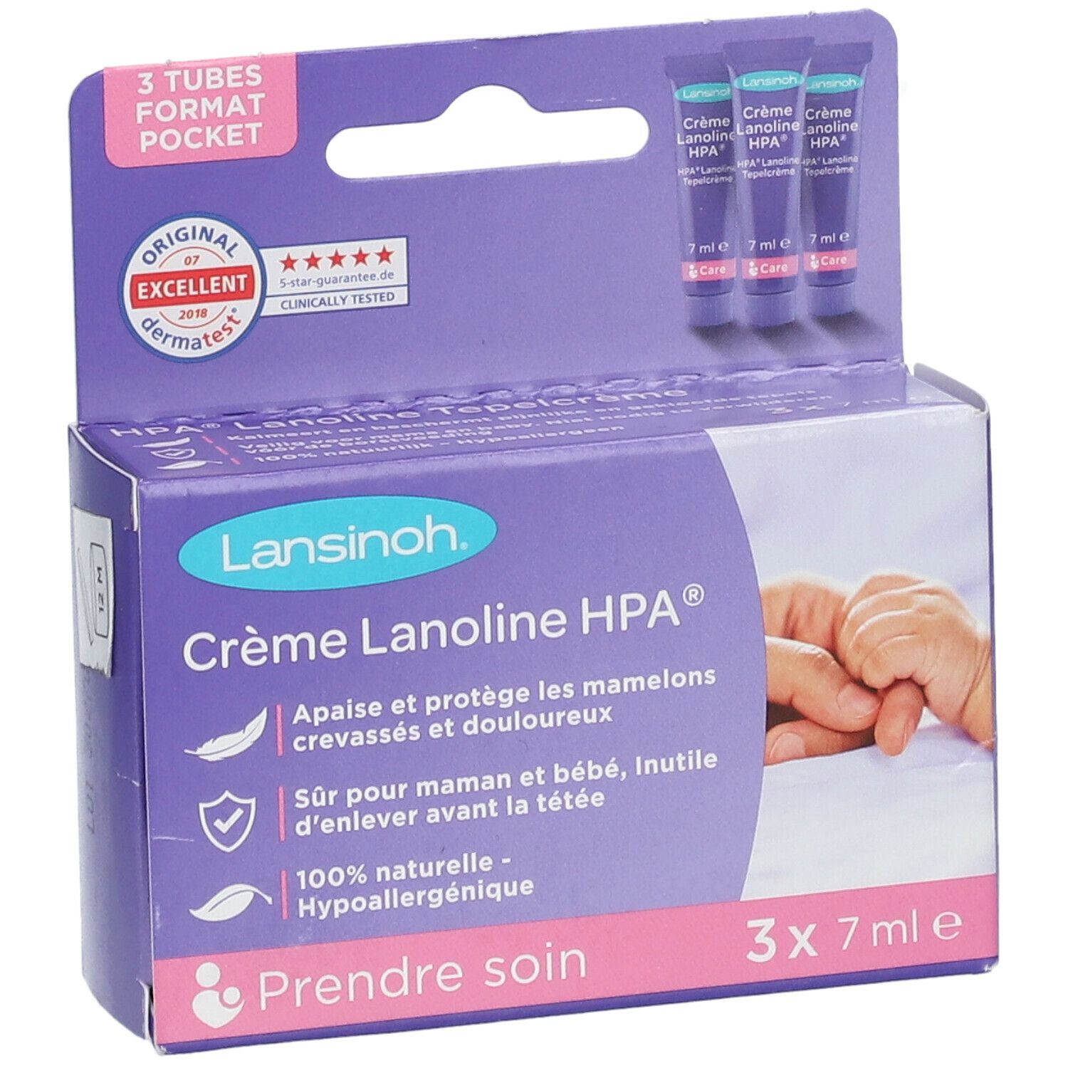 Boîte avec trois tubes de crème. Inscription: Crème Lanolin HPA®. Contient 3 x 7 ml. Avec certifications.