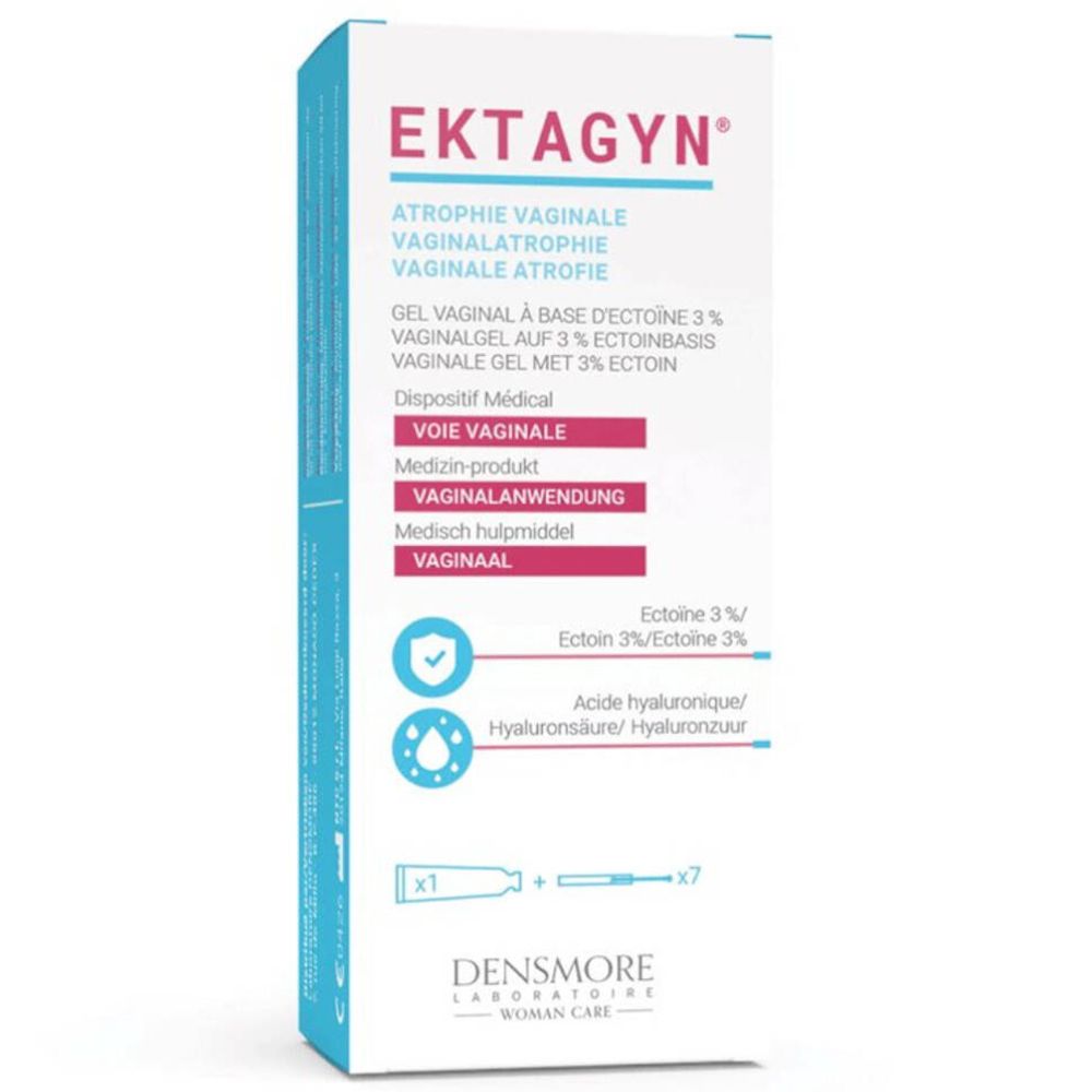 Verpakking van Ektagyn. Opschrift: Vaginale atrofie. Bevat gel met 3% ectoïne. Met applicator.