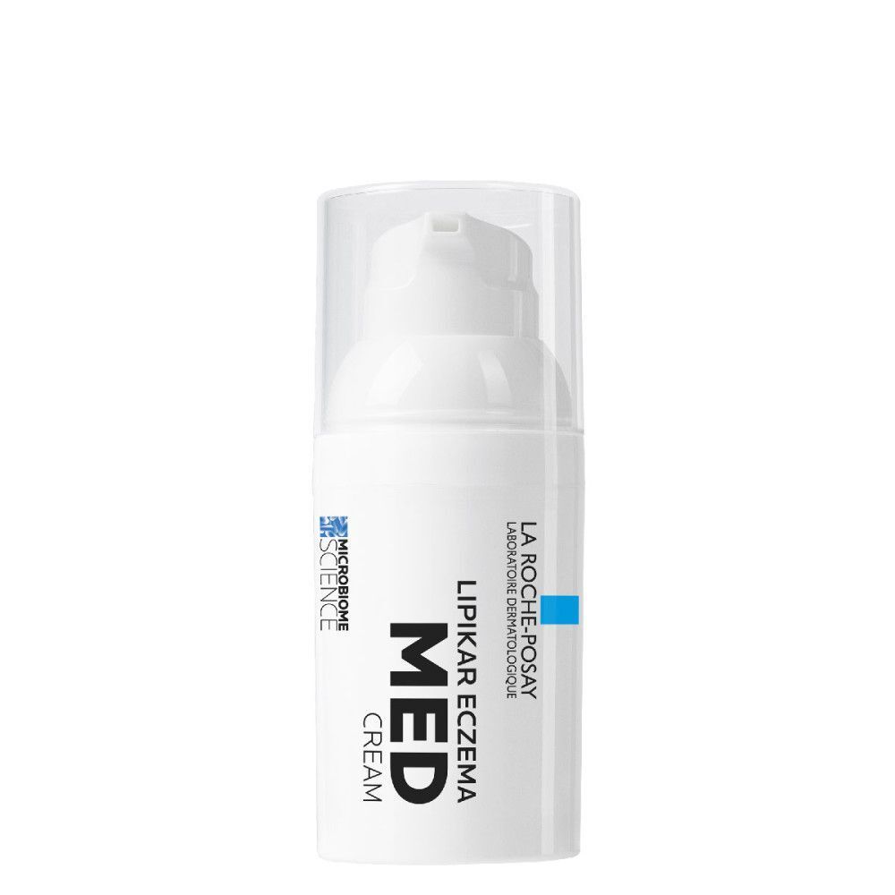 Witte crèmefles met pompsluiting. Opschrift: Lipikar Eczema Med Cream. Blauwe en zwarte letters.