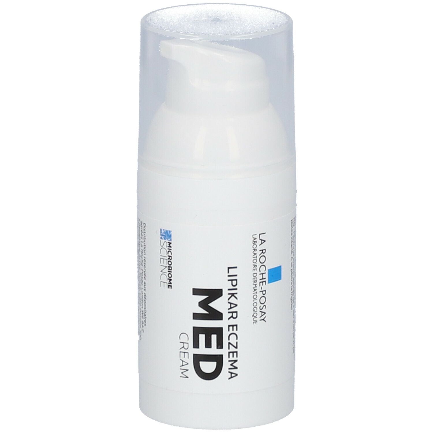 Witte crèmefles met pompsluiting. Opschrift: Lipikar Eczema Med Cream. Blauwe en zwarte letters.