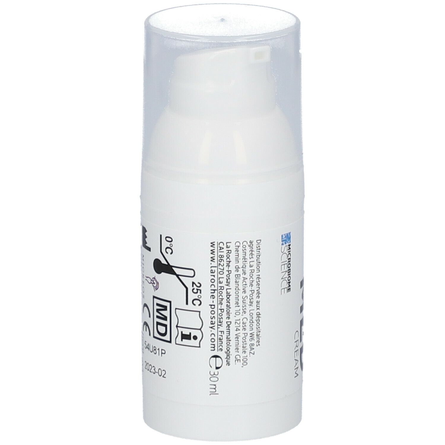 Witte crèmefles met pompsluiting. Opschrift: Lipikar Eczema Med Cream. Achterkant met informatie en symbolen.