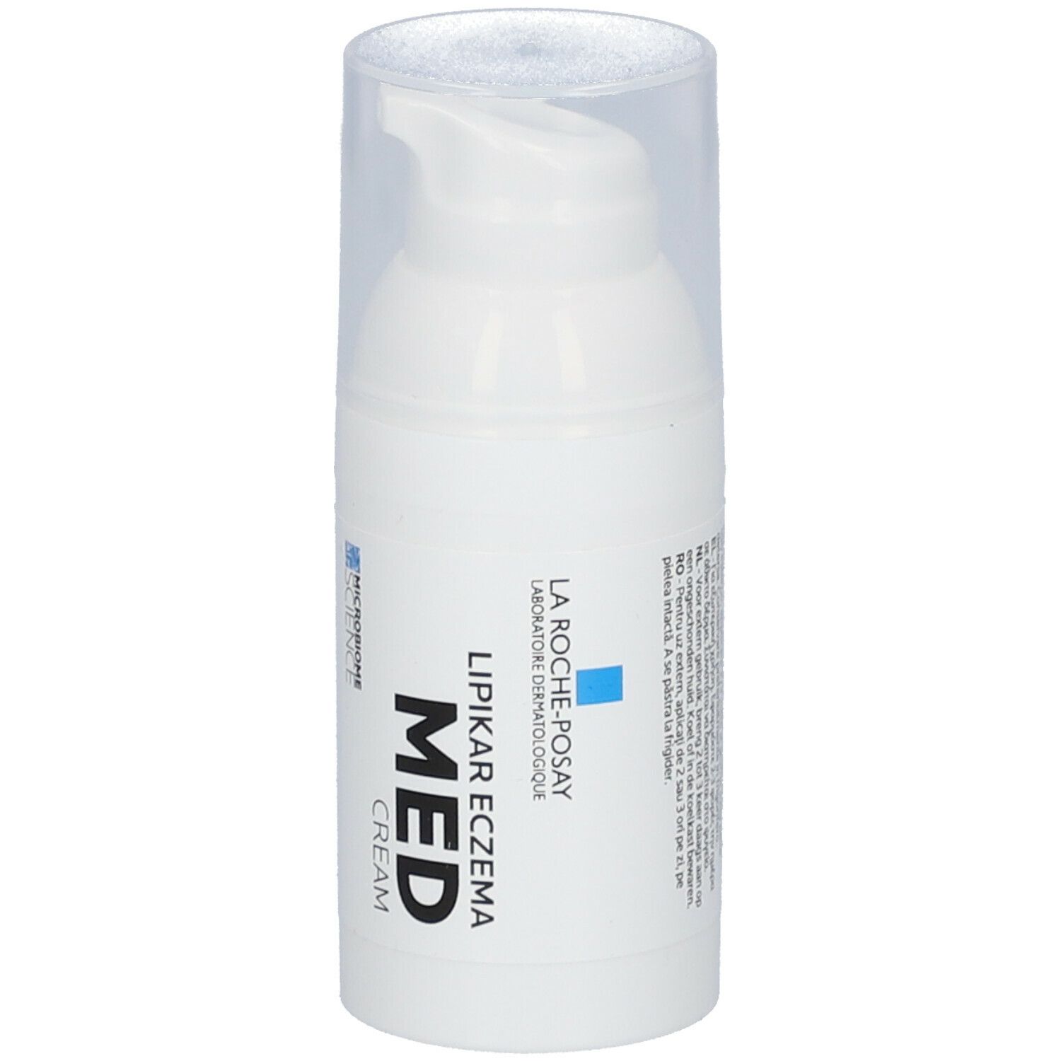 Witte crèmefles met pompsluiting. Opschrift: Lipikar Eczema Med Cream. Blauwe en zwarte letters.