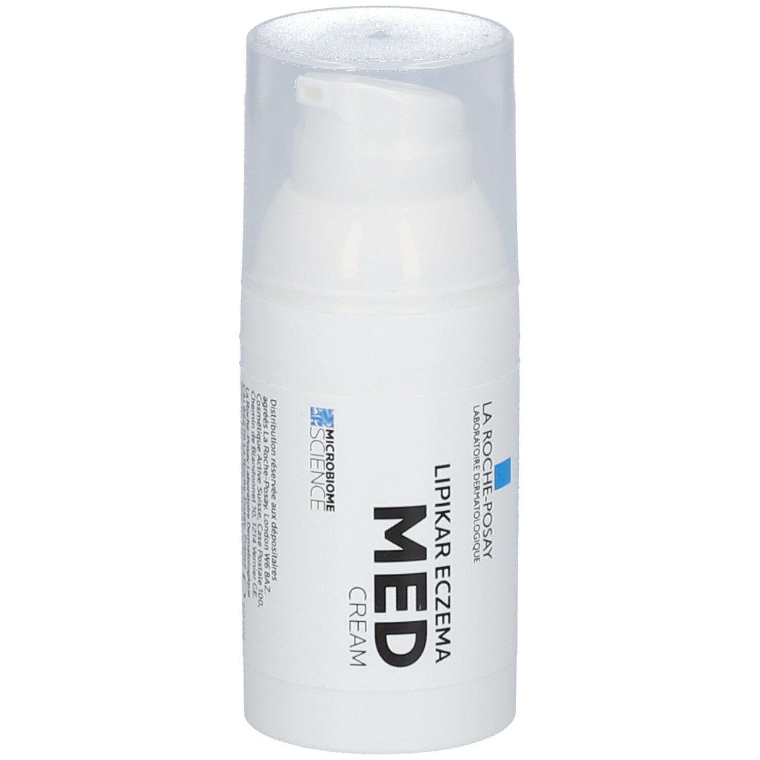 Witte crèmefles met pompsluiting. Opschrift: Lipikar Eczema Med Cream. Blauwe en zwarte letters.