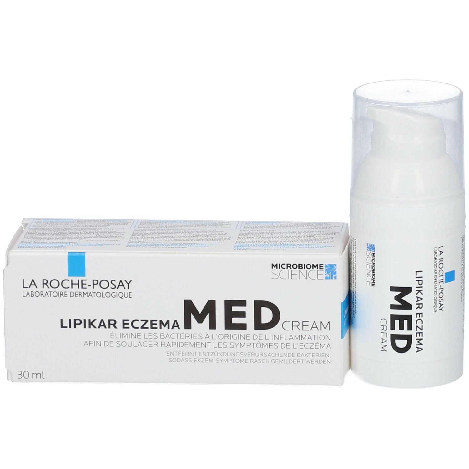 Productverpakking en fles. Doos met opschrift: Lipikar Eczema Med Cream. Witte fles met pompsluiting.