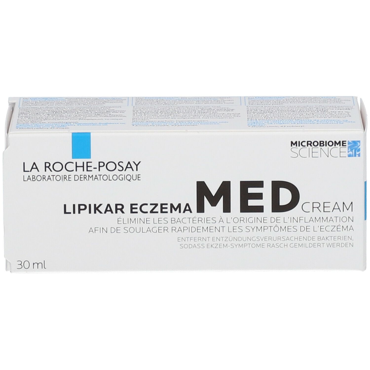 Productverpakking. Doos met opschrift: Lipikar Eczema Med Cream. Blauwe en zwarte letters.
