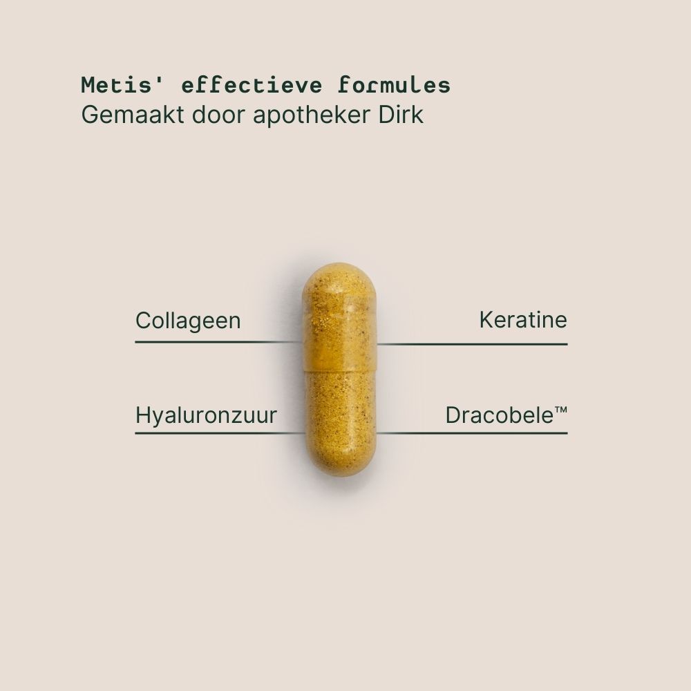 Metis' effectieve formules. Capsule met ingrediënten: collageen, keratine, hyaluronzuur, Dracobelle.