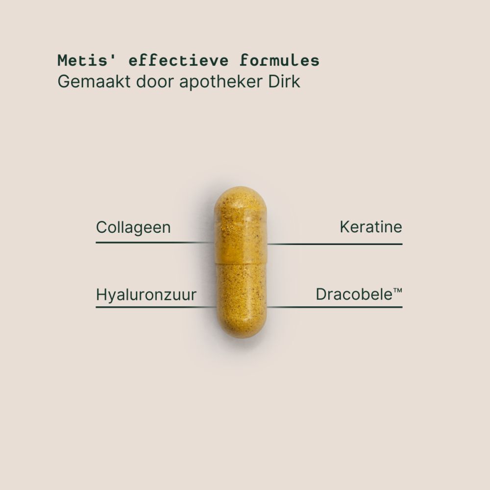 Metis' effectieve formules. Capsule met ingrediënten: collageen, keratine, hyaluronzuur, Dracobelle.