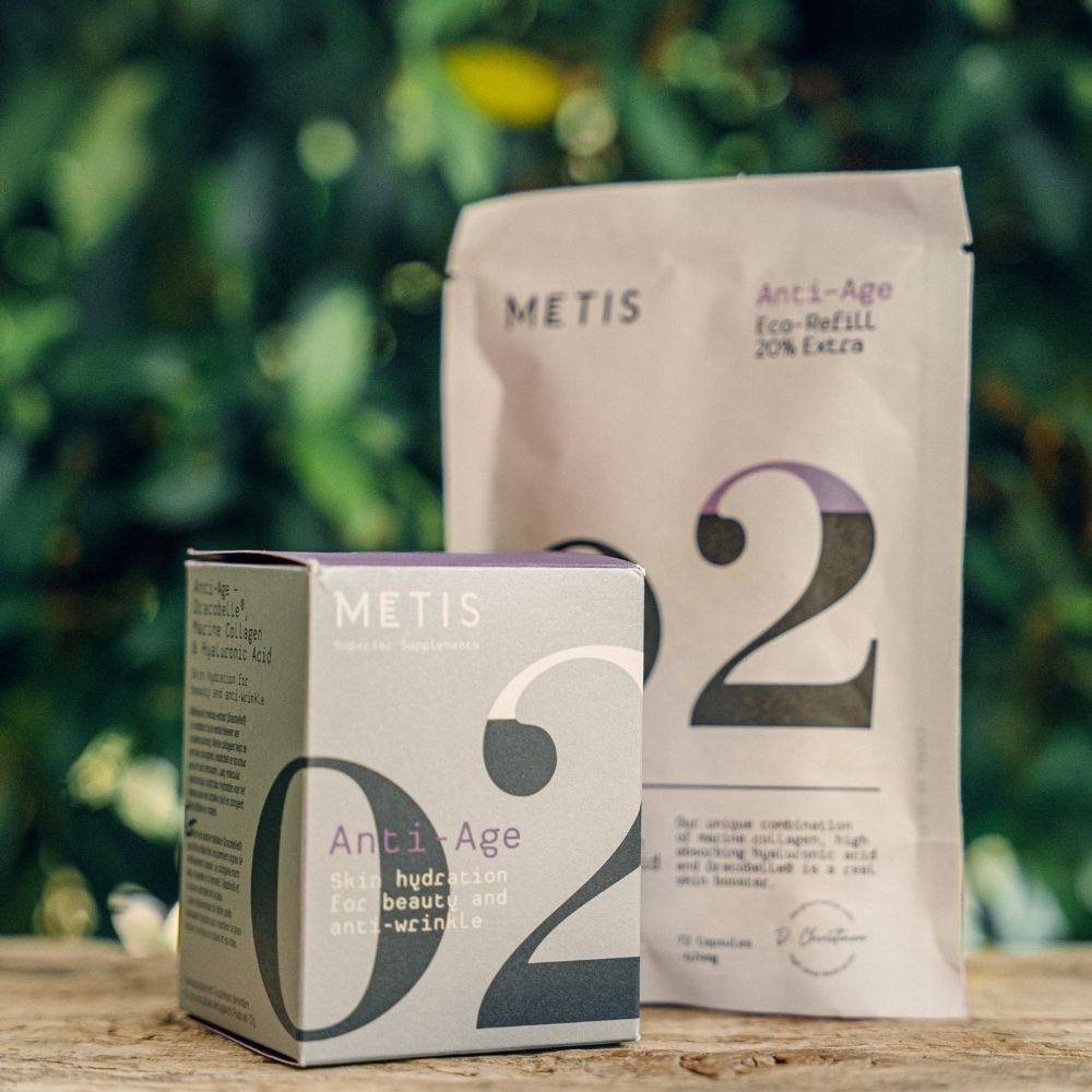 METIS 02 Anti-Age potje en doos. Productinfo op etiket en verpakking.