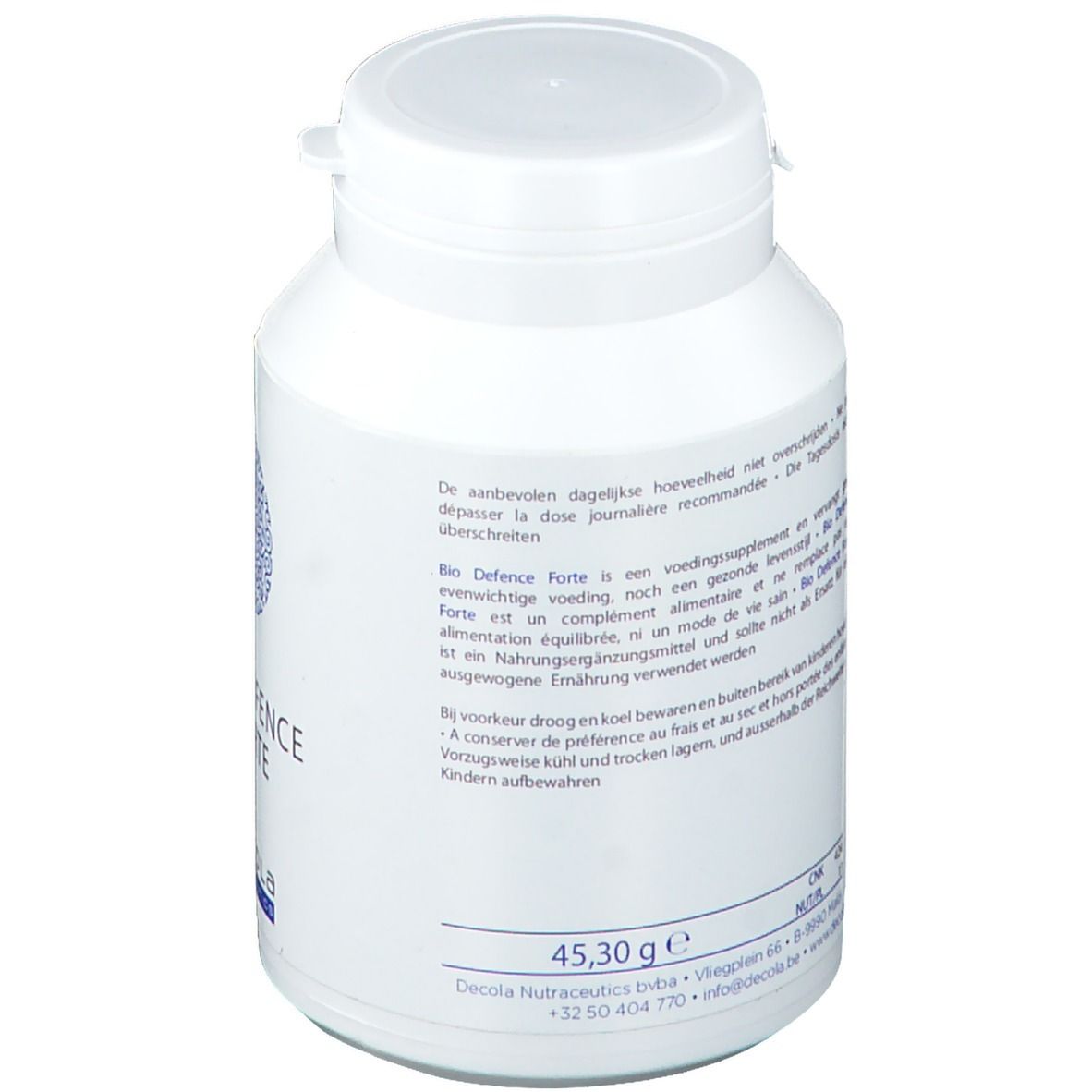 Witte fles met deksel. Tekst op de achterkant. Opschrift: BIO DEFENCE FORTE. Merk: Decola Nutraceutics.