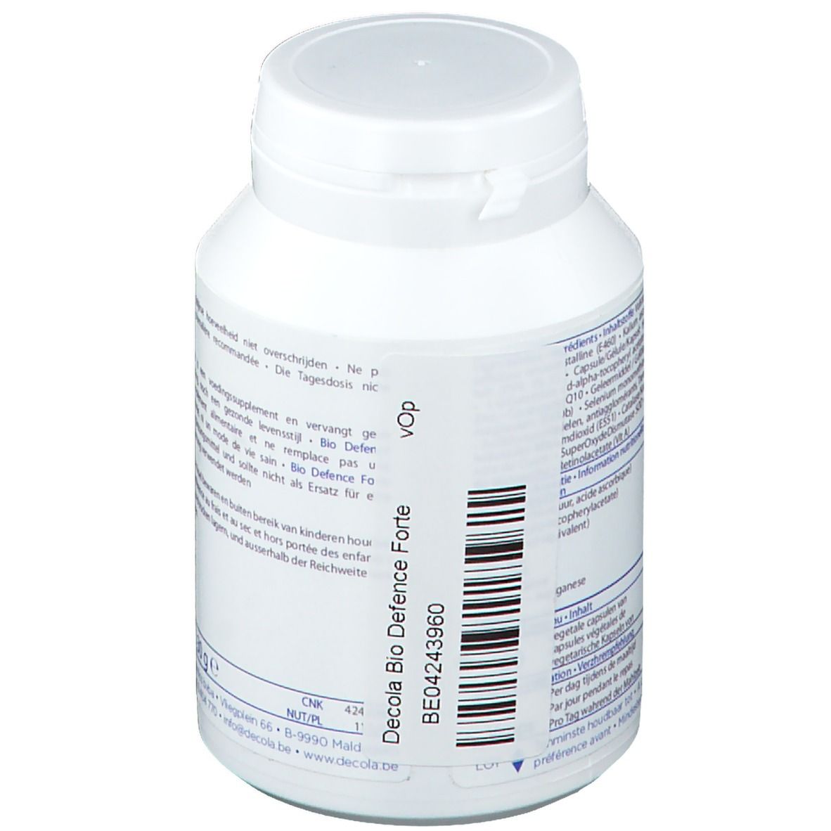 Witte fles met deksel. Opschrift: BIO DEFENCE FORTE. Merk: Decola Nutraceutics. Code: BE04243960.