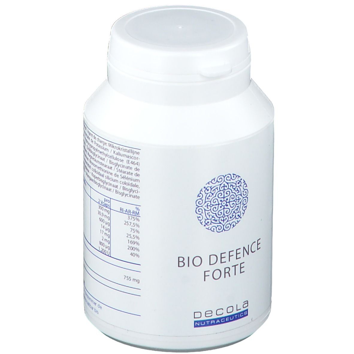 Witte fles met deksel. Opschrift: BIO DEFENCE FORTE. Merk: Decola Nutraceutics. Voedingswaarde.