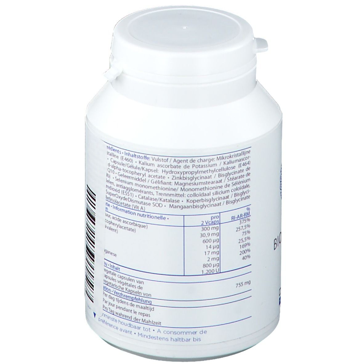 Witte fles met deksel. Opschrift: BIO DEFENCE FORTE. Merk: Decola Nutraceutics. Ingrediënten en voedingswaarde.