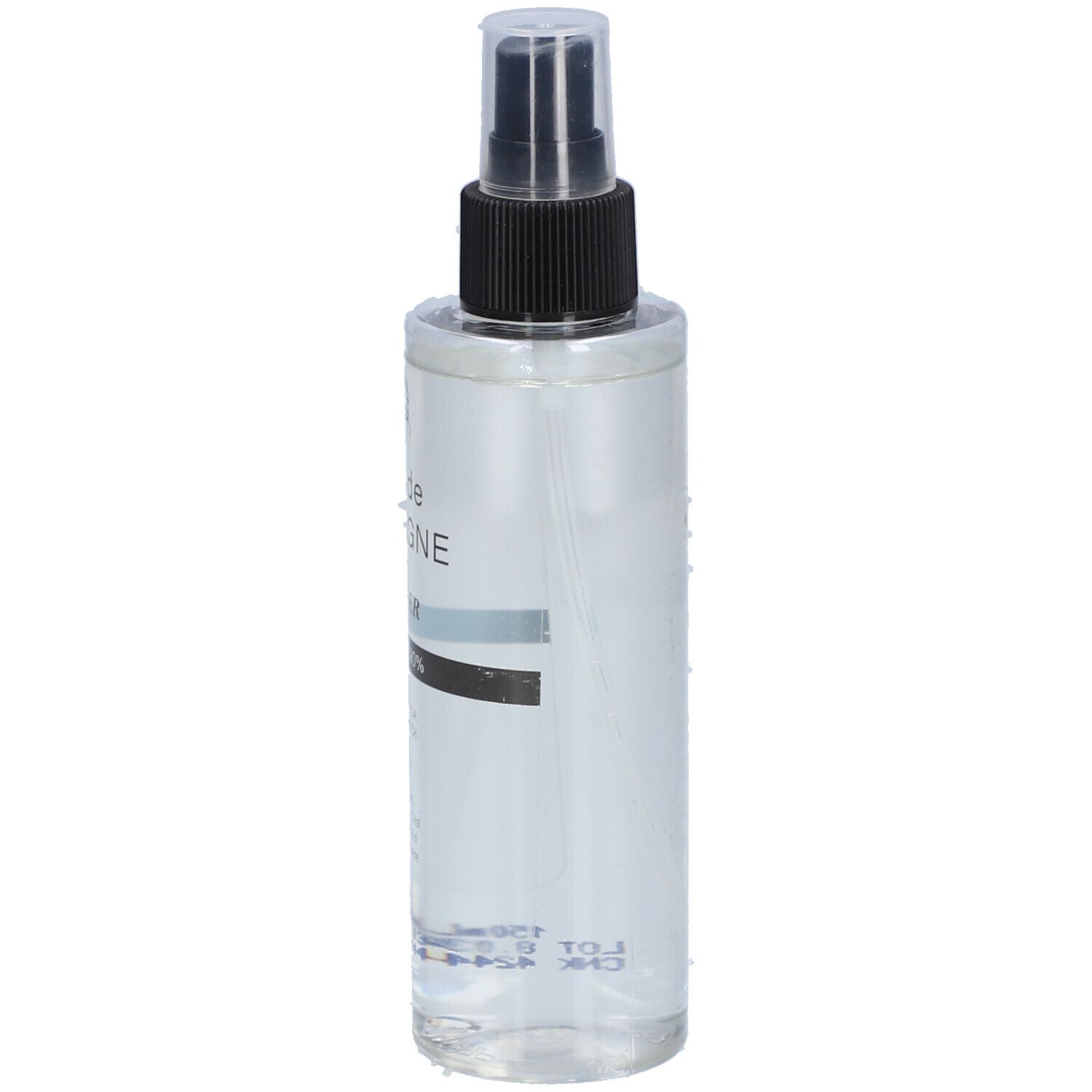 Heldere Eau de Cologne in een spuitfles. Zwarte spuitkop, wit etiket met tekst. Fles schuin.