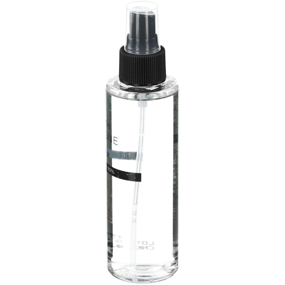 Heldere eau de cologne in een spuitfles. Zwarte sproeikop. Etiket met productinformatie.
