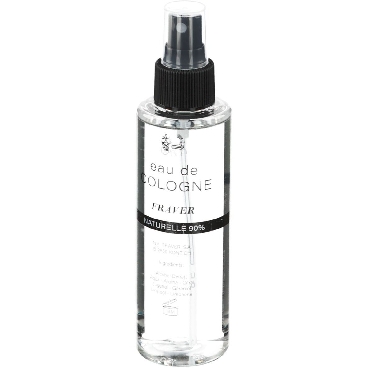 Heldere eau de cologne in een spuitfles. Zwarte sproeikop. Opschrift: Eau de Cologne Fraver Naturelle 90%.