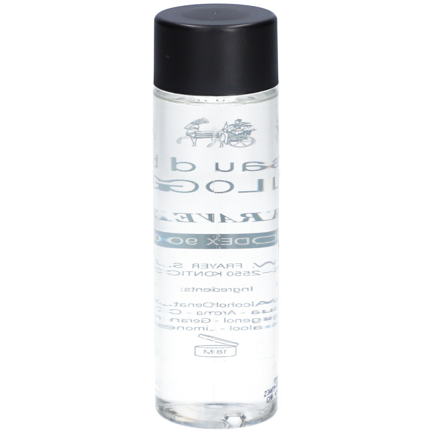 Transparante fles met zwarte dop. Opschrift: eau de COLOGNE, FRAVER, CODEX 90%.