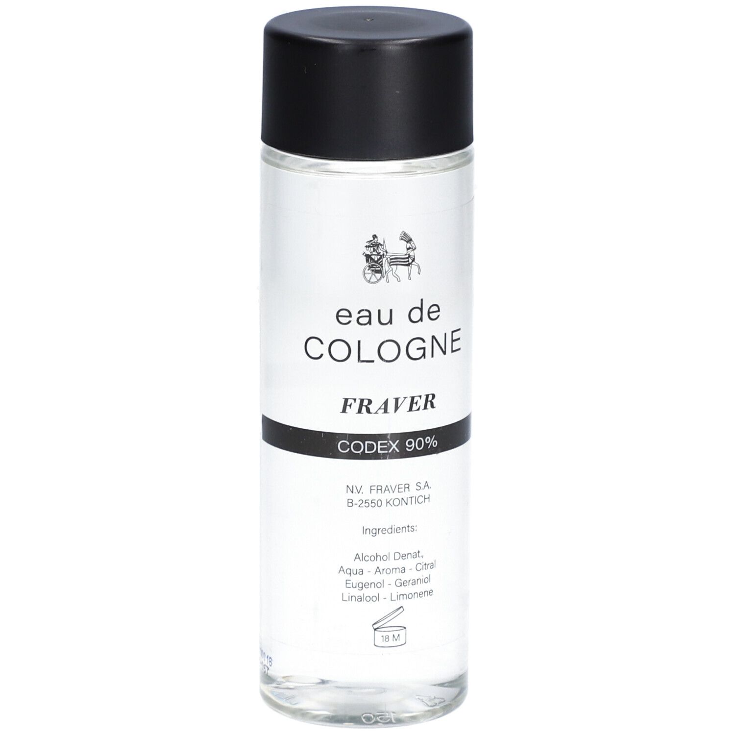 Transparante fles met zwarte dop. Opschrift: eau de COLOGNE, FRAVER, CODEX 90%.