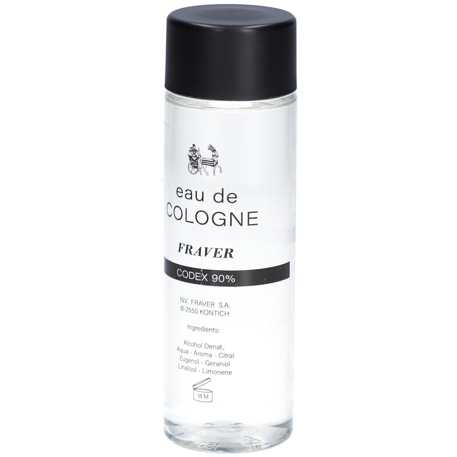 Transparante fles met zwarte dop. Opschrift: eau de COLOGNE, FRAVER, CODEX 90%.