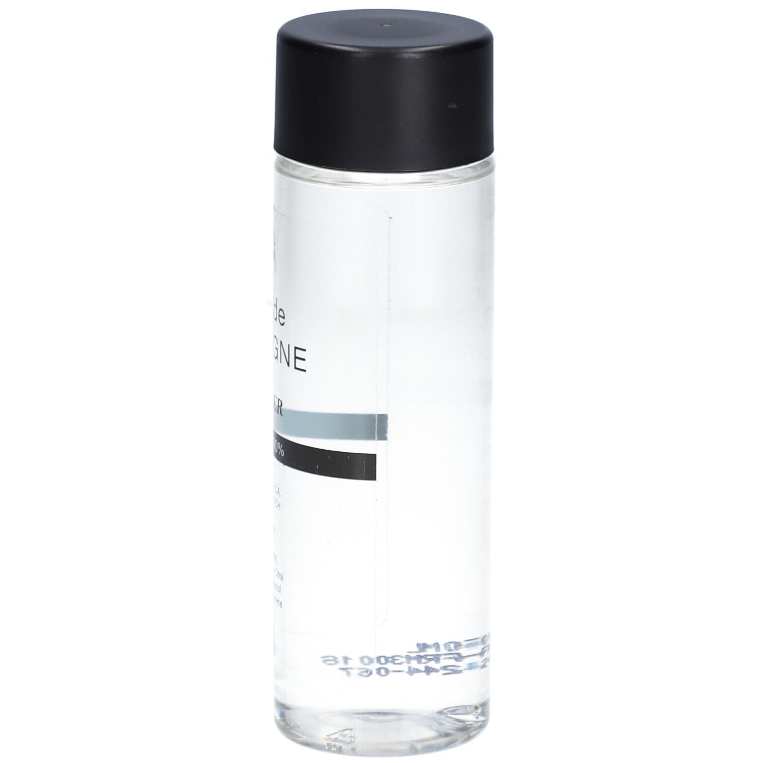 Transparante fles met zwarte dop. Opschrift: eau de COLOGNE, FRAVER, CODEX 90%.