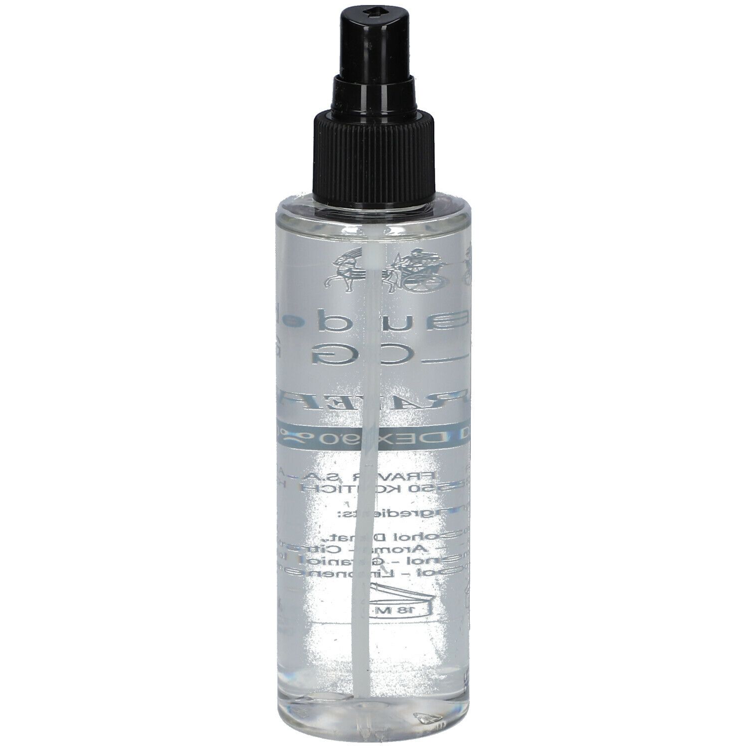 Transparante fles met zwarte verstuiver. Opschrift: Eau de Cologne, Fraver, Codex 90%.