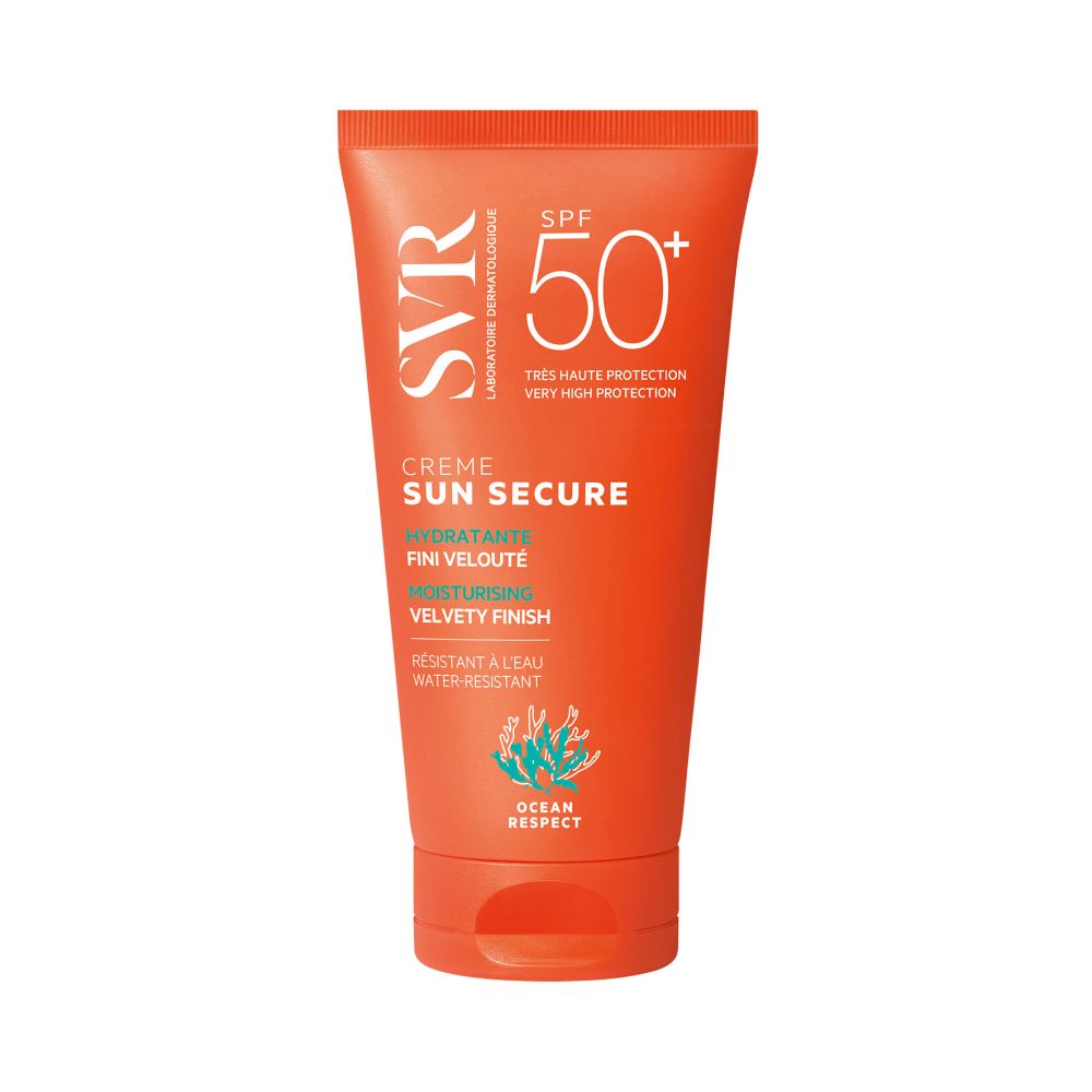 Oranje tube SVR Sun Secure Crème SPF50+. Hydraterend, fluweelzacht. Waterbestendig. SPF50+.
