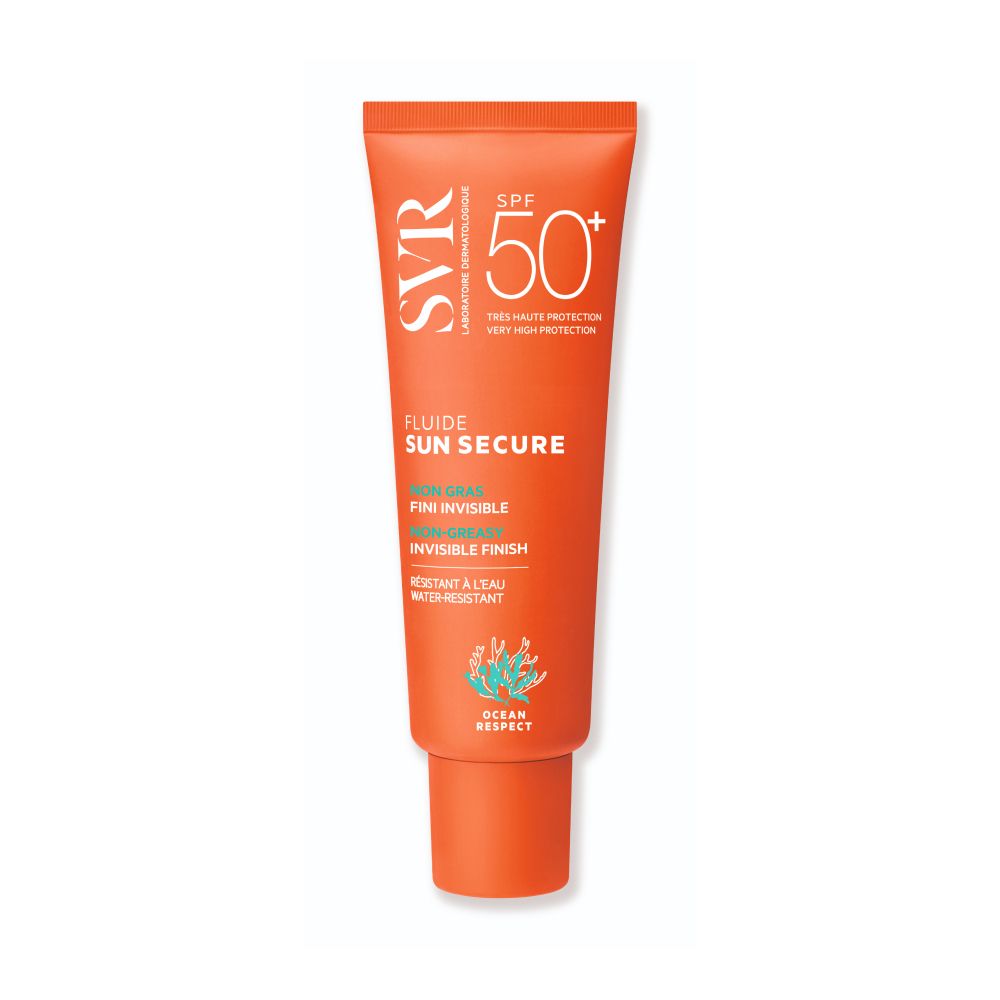 Oranje tube. Opschrift: SPF 50+, SUN SECURE, FINI INVISIBLE, NON GRAS, OCEAN RESPECT.