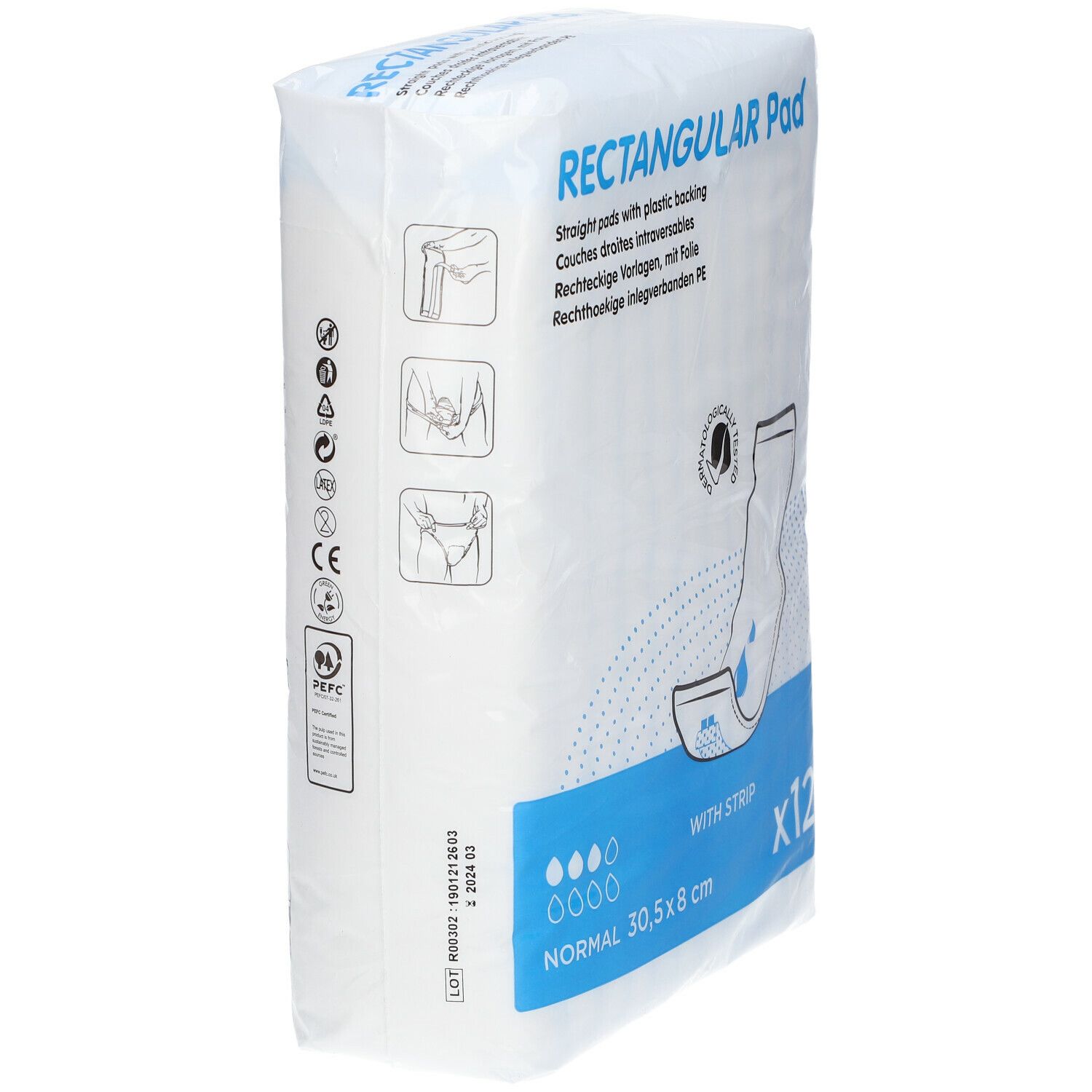 Verpakking met rechthoekige inlegverbanden. Opschrift: Rectangular Pad. 12 stuks. Afmeting: 30,5 x 8 cm. Met folie. Illustraties.