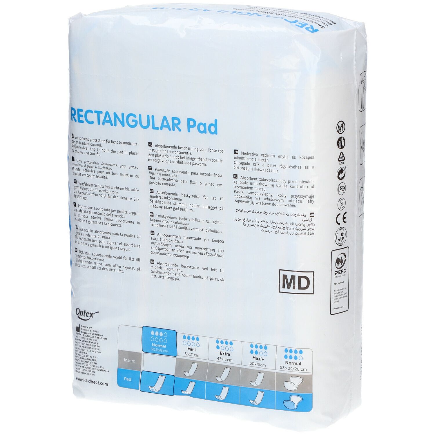 Verpakking met rechthoekige inlegverbanden. Opschrift: Rectangular Pad. Achterkant met productinformatie en maatindicaties.