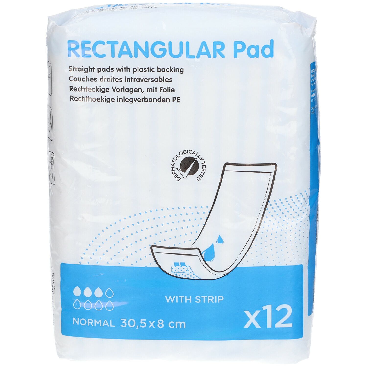 Verpakking met rechthoekige inlegverbanden. Opschrift: Rectangular Pad. 12 stuks. Afmeting: 30,5 x 8 cm. Met folie.