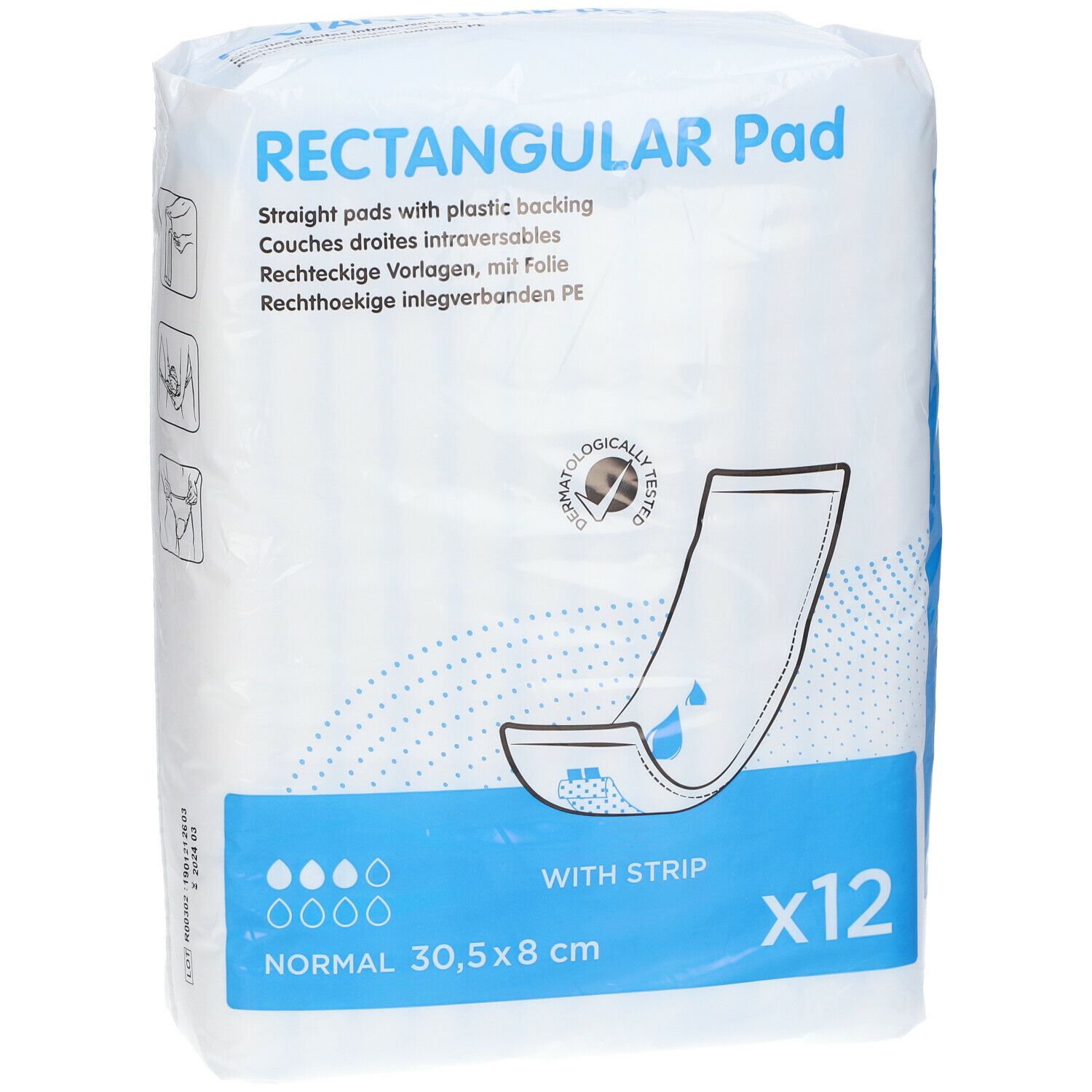Verpakking met rechthoekige inlegverbanden. Opschrift: Rectangular Pad. 12 stuks. Afmeting: 30,5 x 8 cm. Met folie. Illustraties.