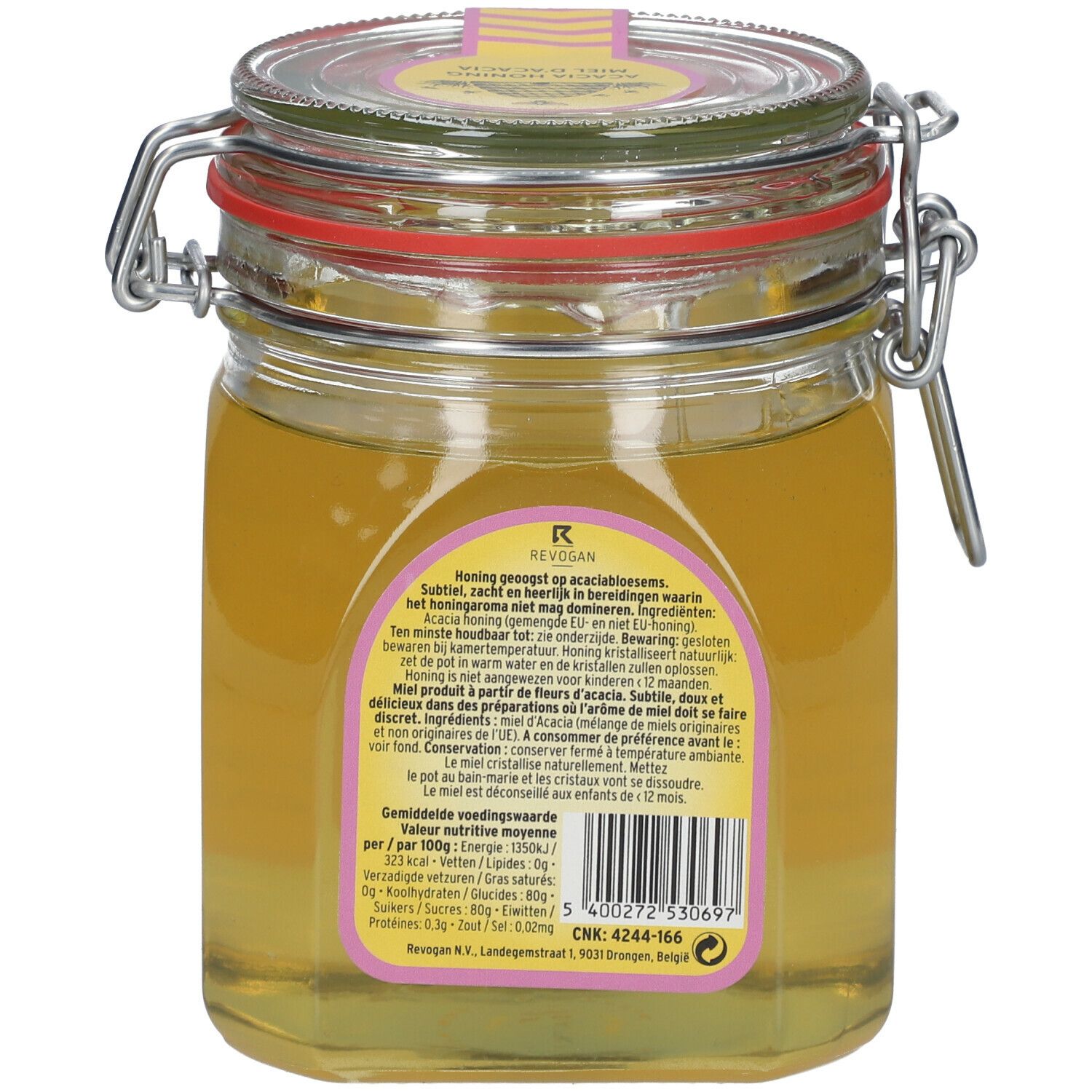 Glazen pot met honing. Achterkant met etiket. Tekstinformatie, voedingswaarden en barcode.