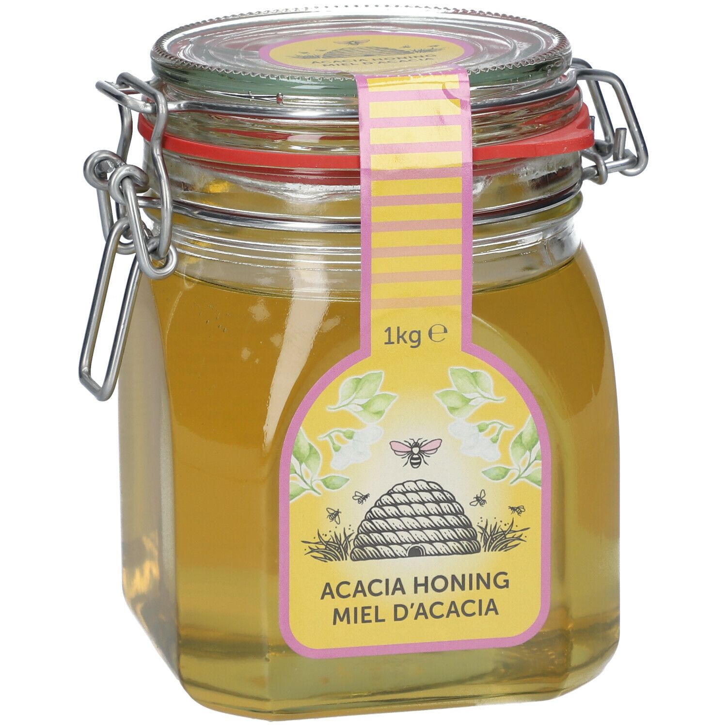 Glazen pot honing. Etiket met bijenmotief en tekst Acacia Honing Miel d'Acacia. 1kg.