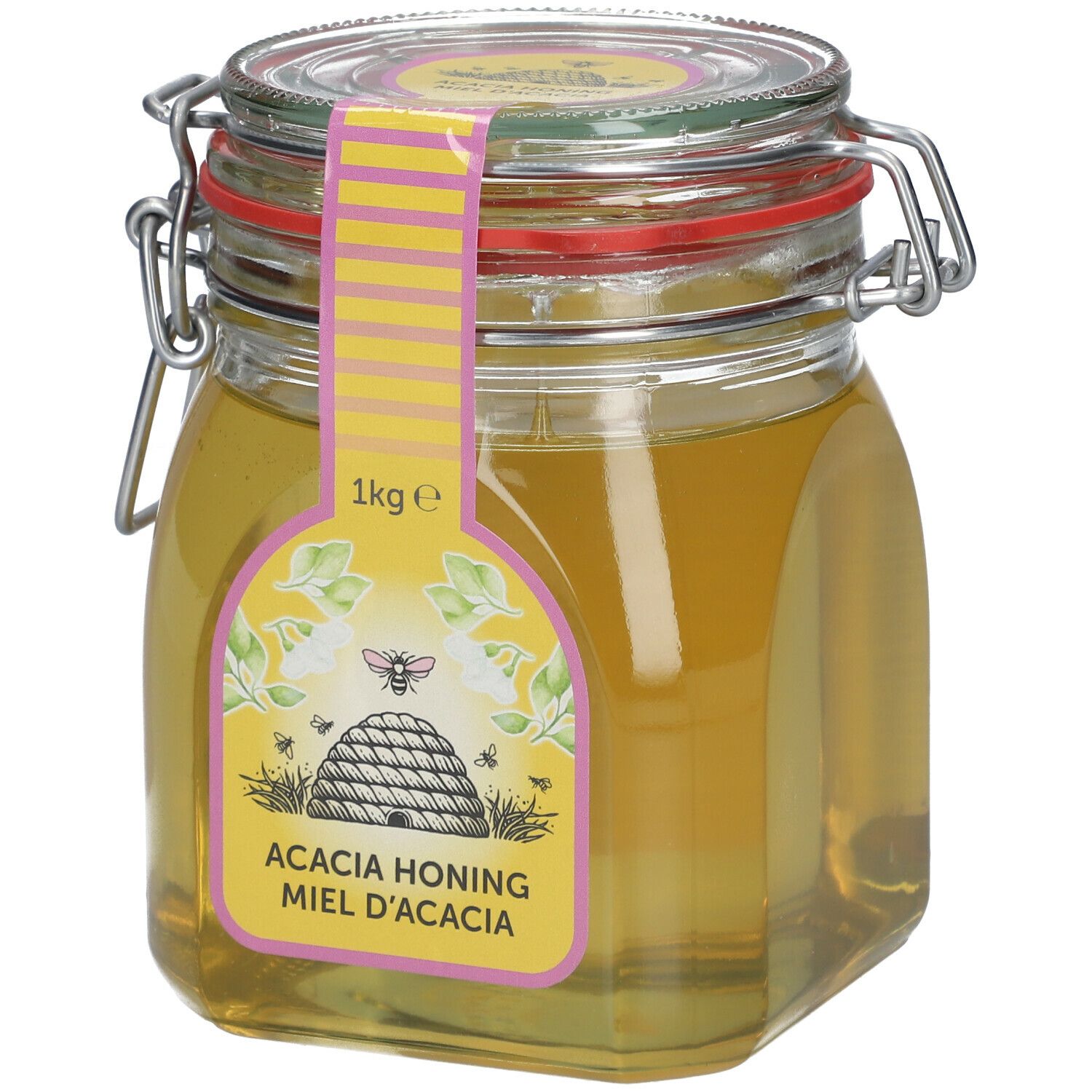 Glazen pot honing. Etiket met bijenmotief en tekst Acacia Honing Miel d'Acacia. 1kg.