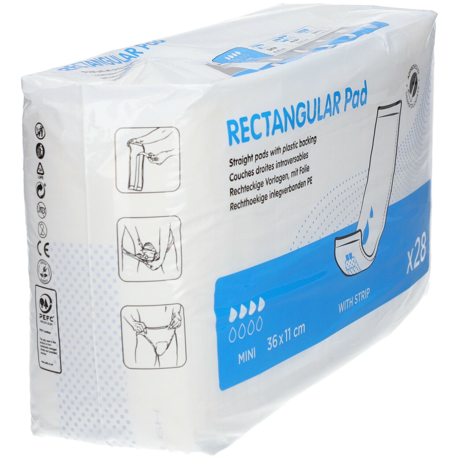 Verpakking rechthoekige inlegkruisjes. Afmeting 36 x 11 cm, met kleefstrip. Verpakking van 28 stuks. Pictogrammen voor gebruik.