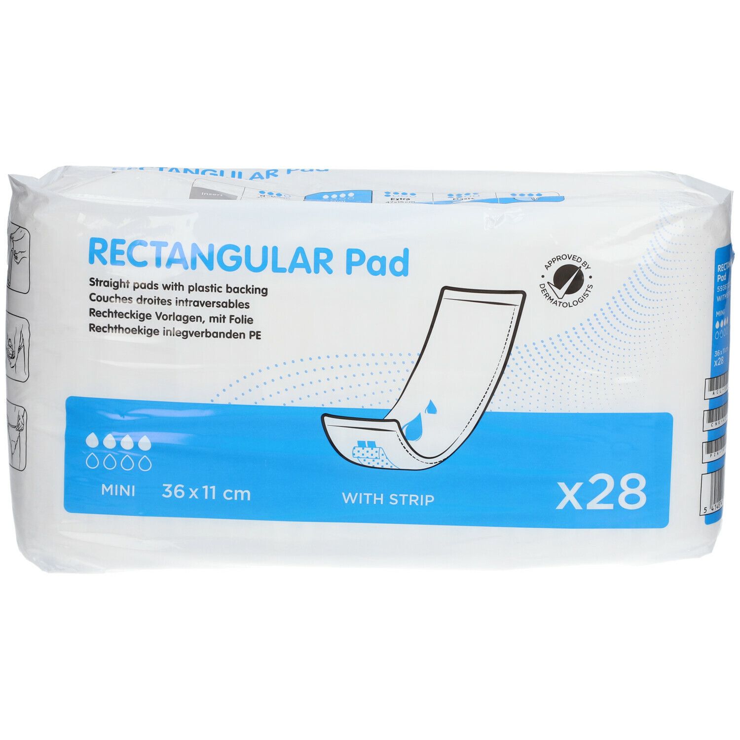Verpakking rechthoekige inlegkruisjes. Afmeting 36 x 11 cm, met kleefstrip. Verpakking van 28 stuks. Dermatologisch getest.