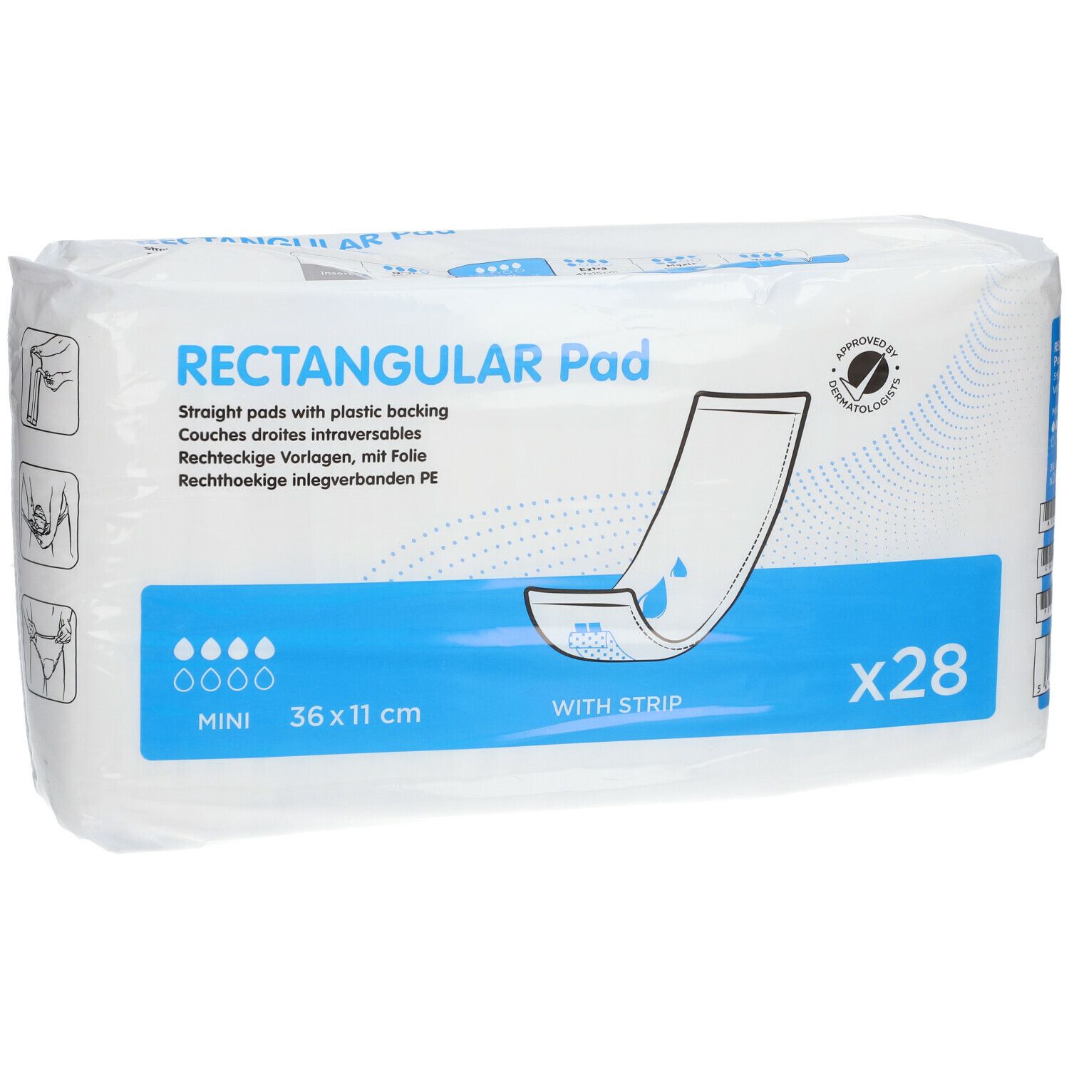 Verpakking rechthoekige inlegkruisjes. Afmeting 36 x 11 cm, met kleefstrip. Verpakking van 28 stuks. Dermatologisch getest.