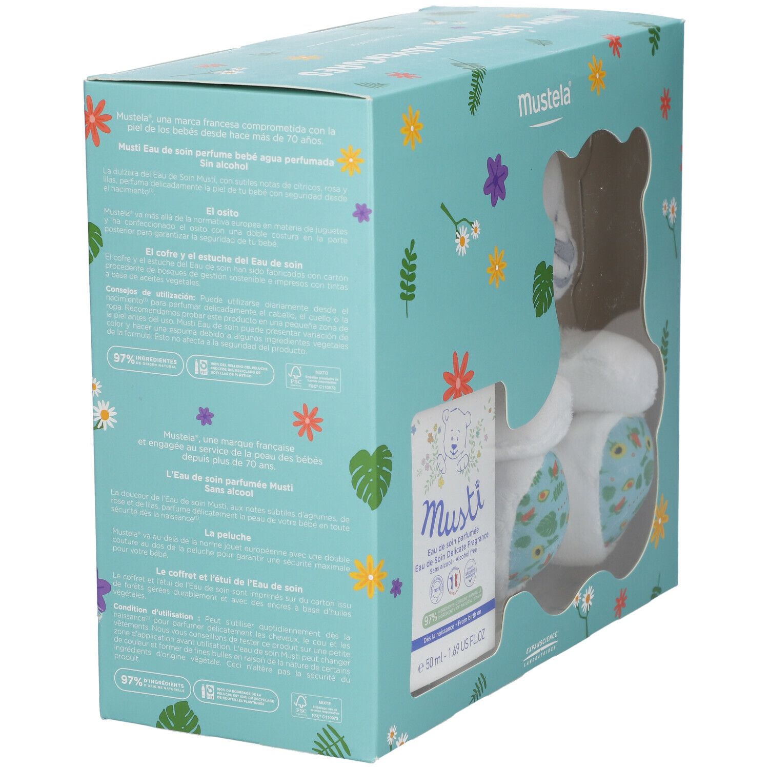 Verpackung des Mustela Musti Sets. Hellblaue Schachtel mit Text und Illustrationen. Enthält einen Teddybären und ein Parfum.
