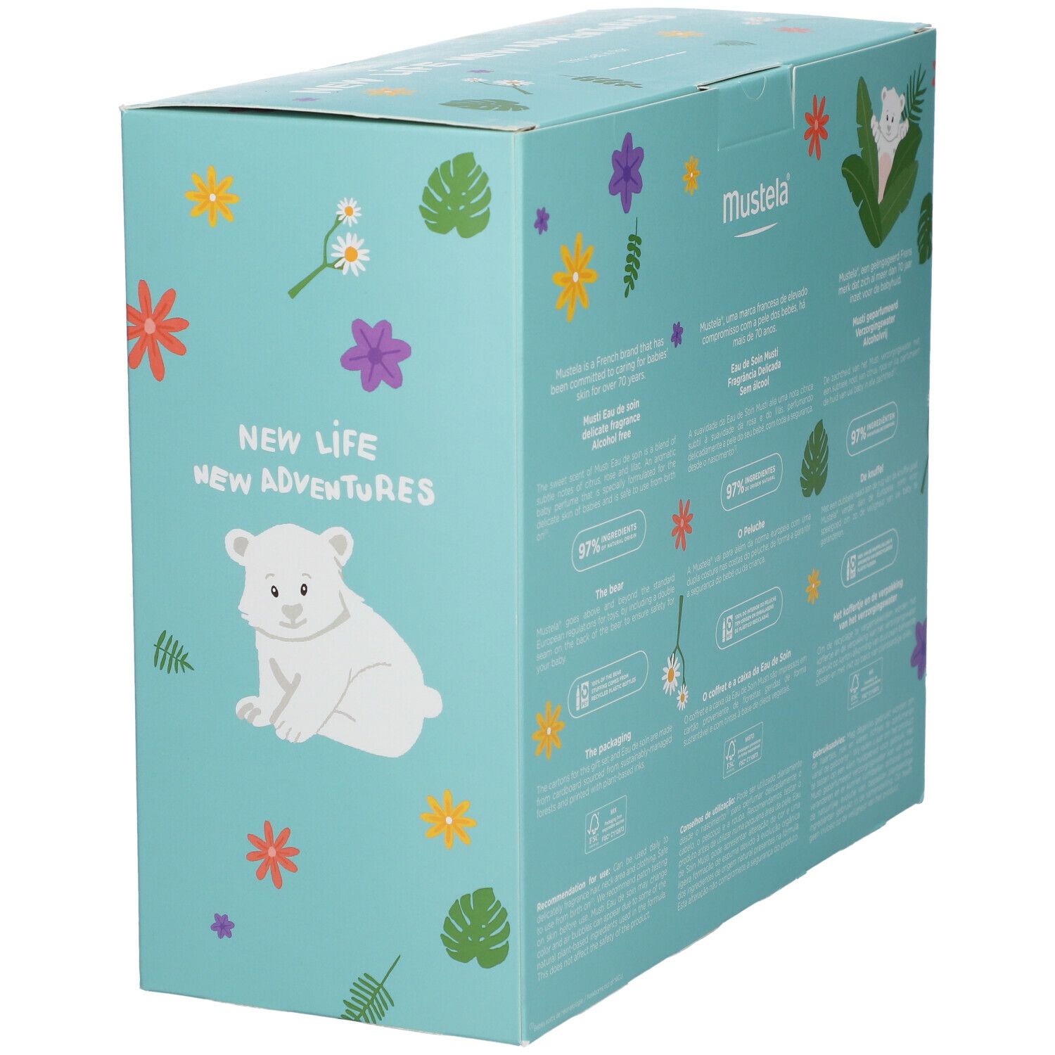 Hellblaue Geschenkbox mit floralen Mustern und einem Bären-Design. Aufschrift: New Life, New Adventures. Enthält ein Produkt.