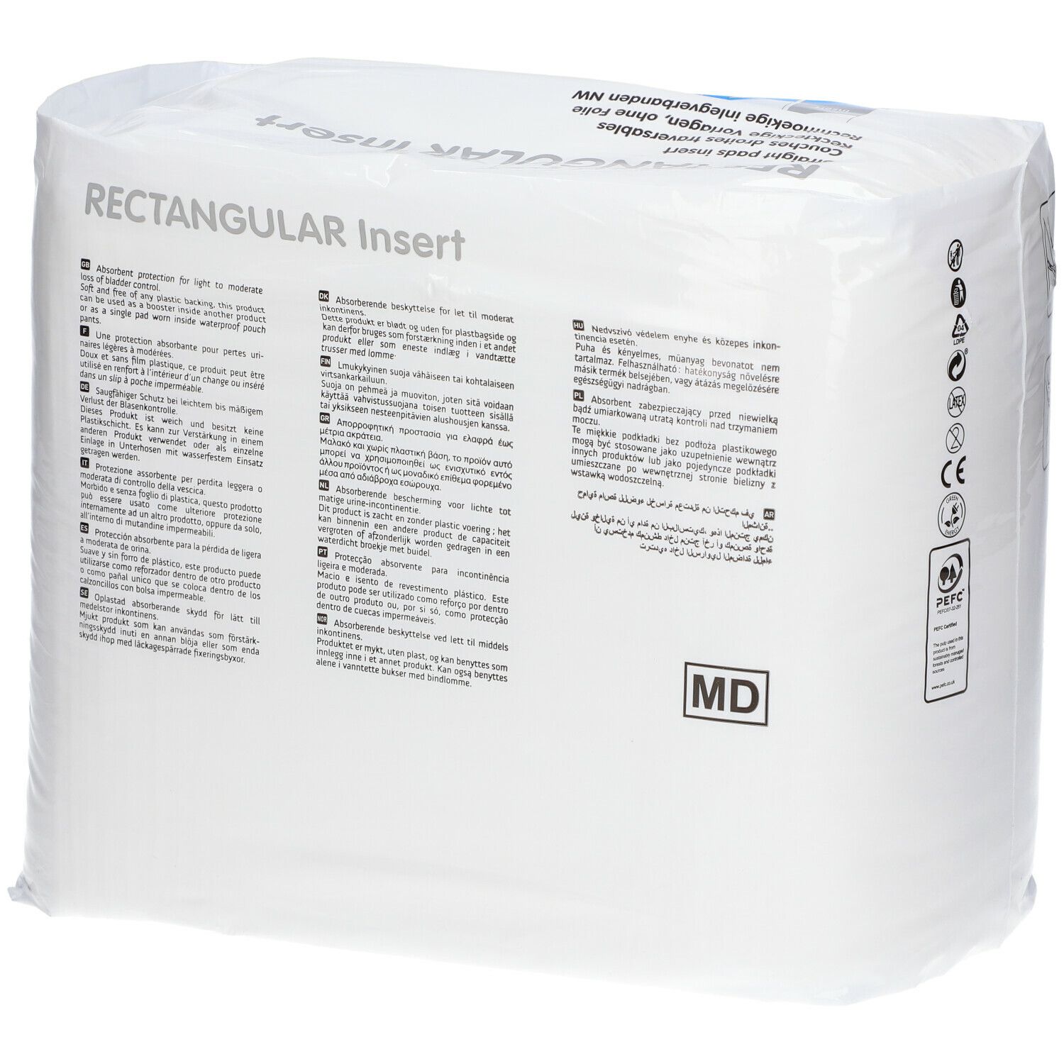 Verpakking rechthoekige inlegverbanden. Meertalige tekst. Opschrift: RECTANGULAR Insert. MD-teken.