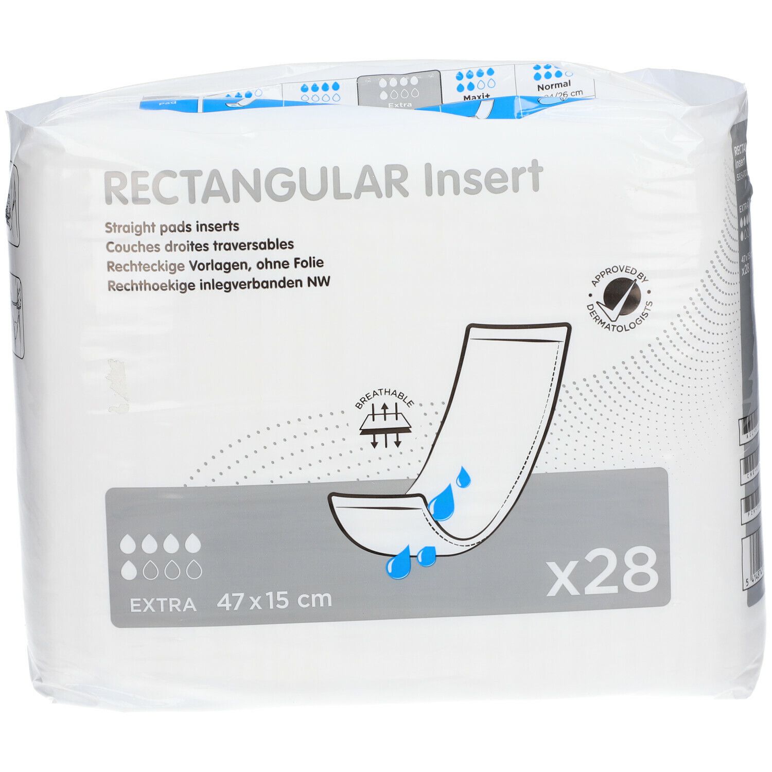 Verpakking rechthoekige inlegverbanden. Opschrift: RECTANGULAR Insert, EXTRA 47x15 cm. 28 stuks. Dermatologisch getest.