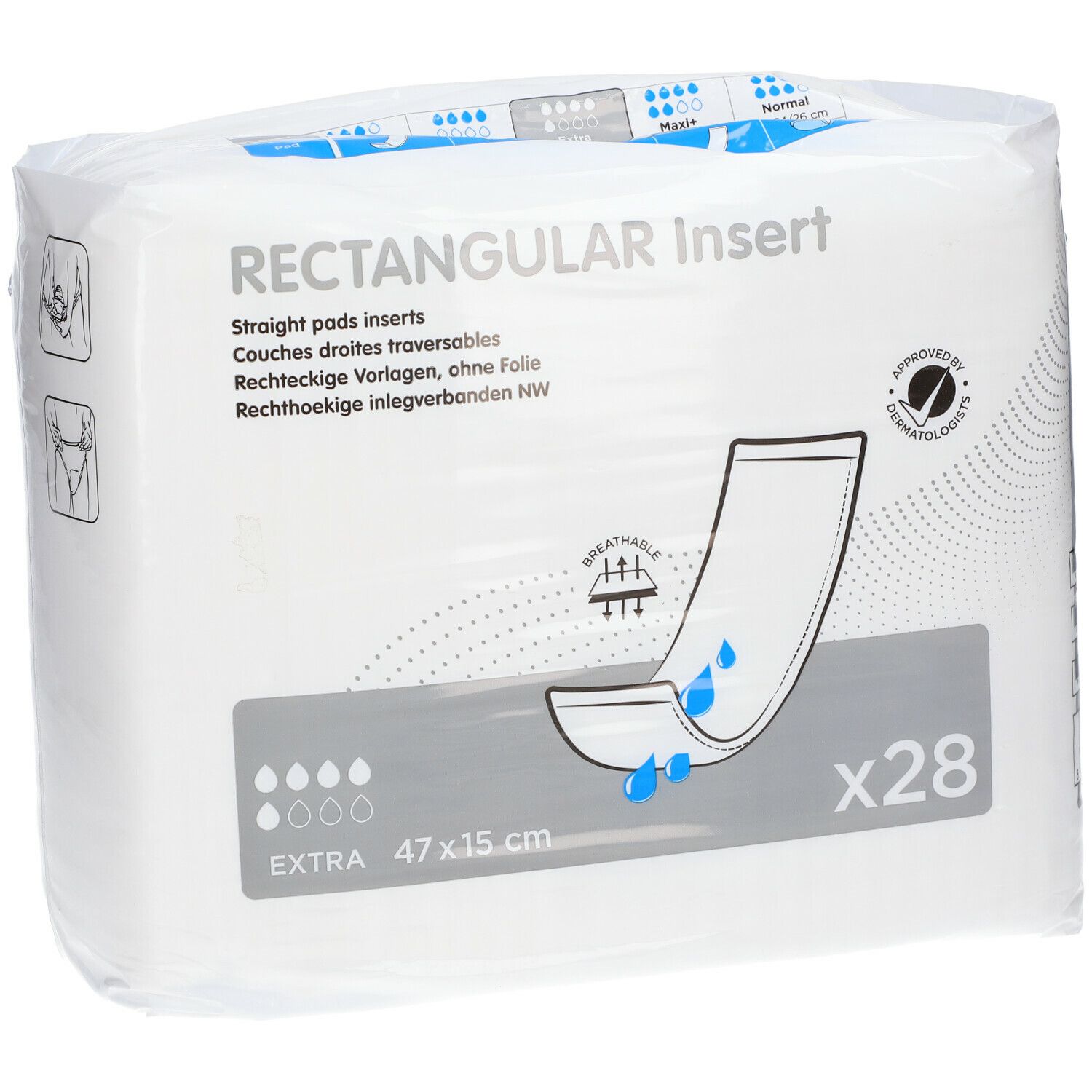 Verpakking rechthoekige inlegverbanden. Opschrift: RECTANGULAR Insert, EXTRA 47x15 cm. 28 stuks. Dermatologisch getest.